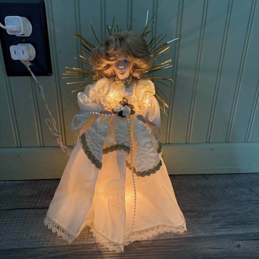 Vintage Frank's 12.5" Lighted Angel Tree Topper White Gown Porcelain Head